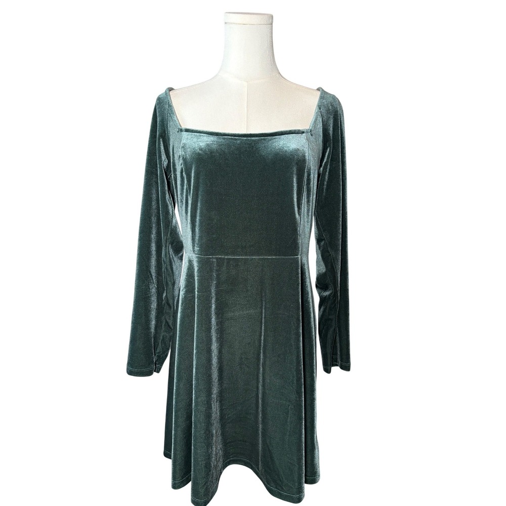 Old Navy Dark Bottle Green Velvet Square Neck Long Sleeve Flare Mini Dress L P